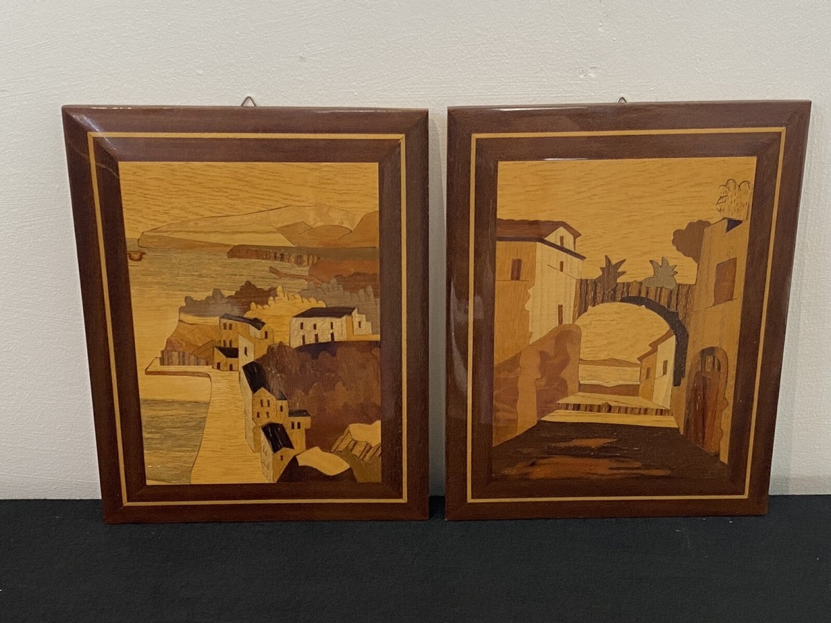 Pair Of Italian Landscapes Fruitwood Inlaid Sorrento Plaques