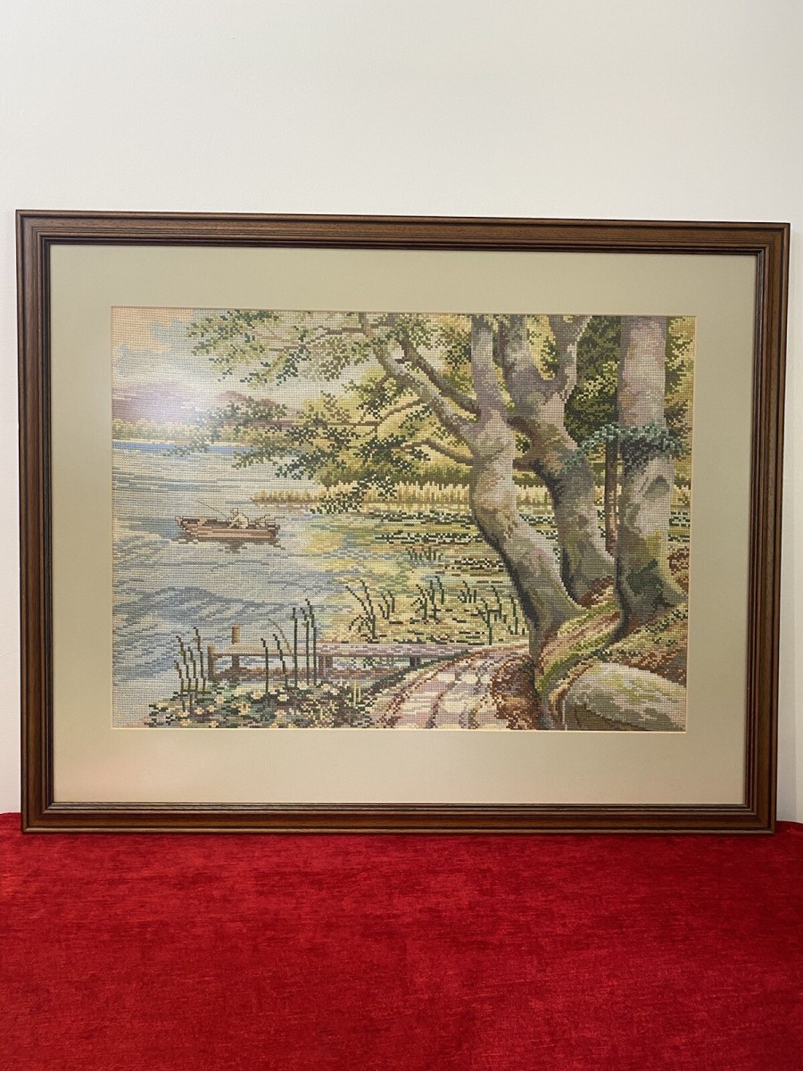 Hand Woven Lake Windermere Landscape Tapestry With Fisherman In Rowing Boat