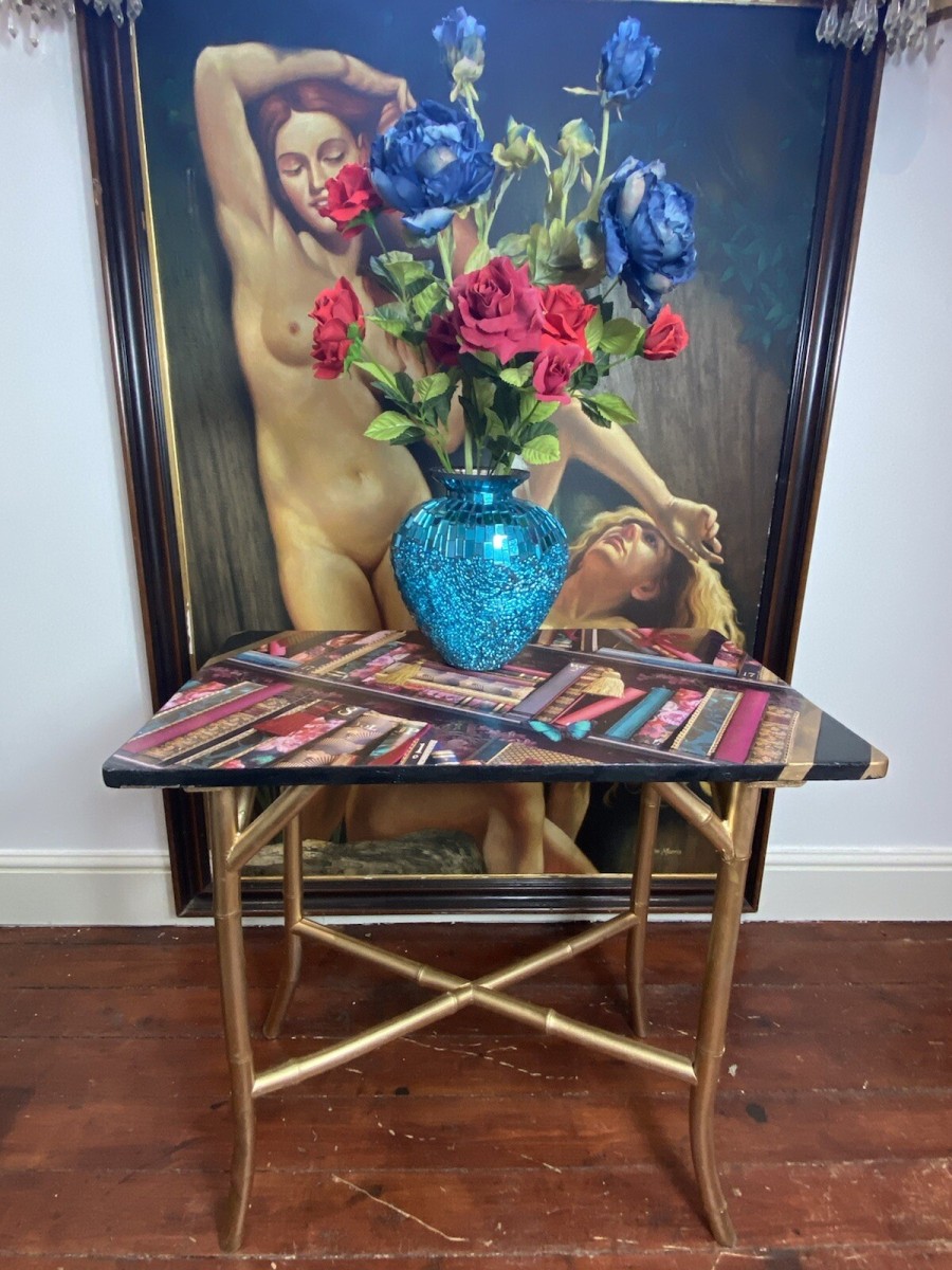 Primary image for Contemporary Library Montage Hall Table With Bamboo X Frame Stretcher