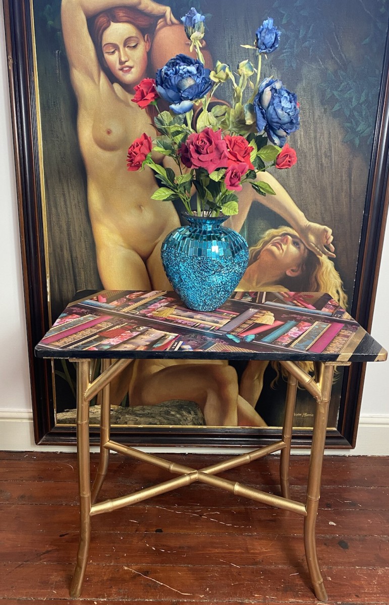 Contemporary Library Montage Hall Table With Bamboo X Frame Stretcher