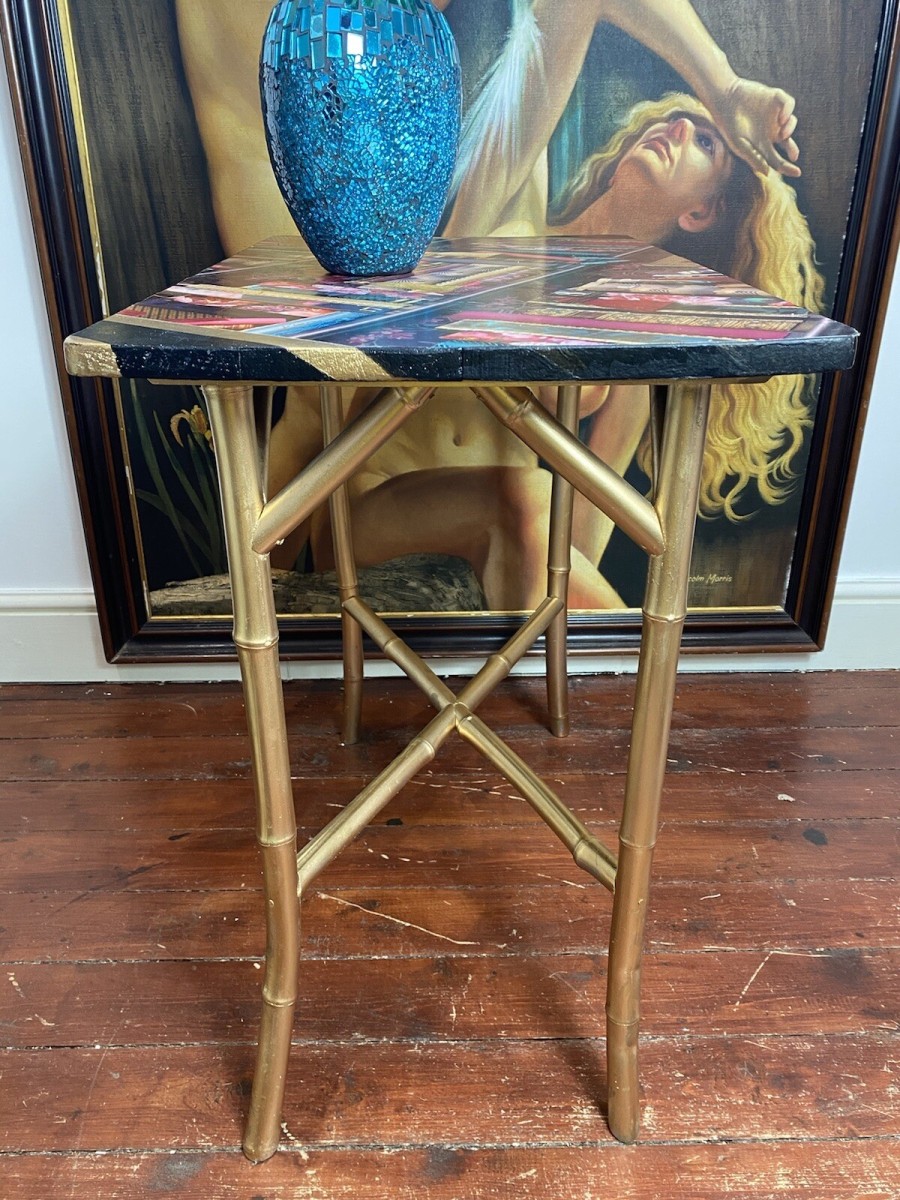 Contemporary Library Montage Hall Table With Bamboo X Frame Stretcher