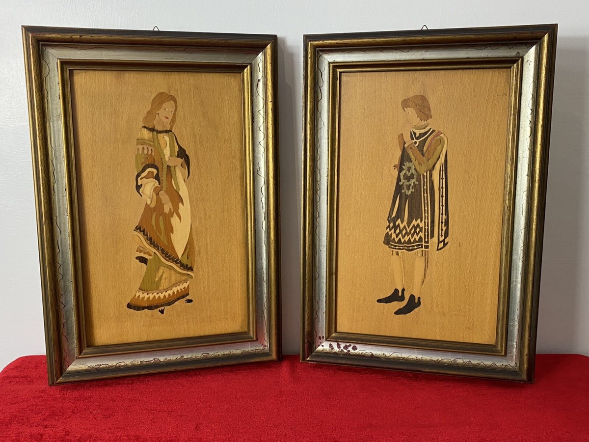 Primary image for Pair Of Italian Early Medieval Noble Figures Marquetry Inlaid Plaques