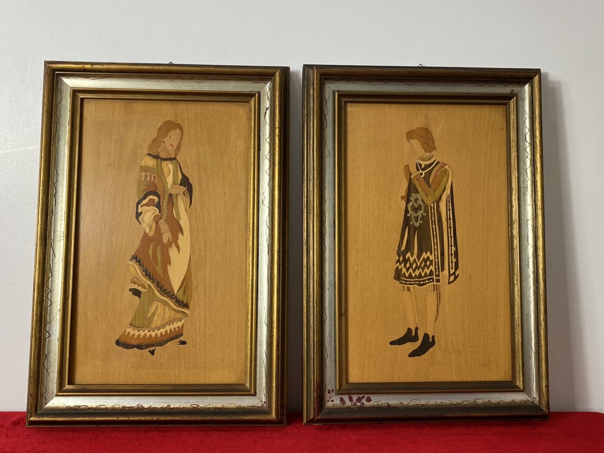 Pair Of Italian Early Medieval Noble Figures Marquetry Inlaid Plaques