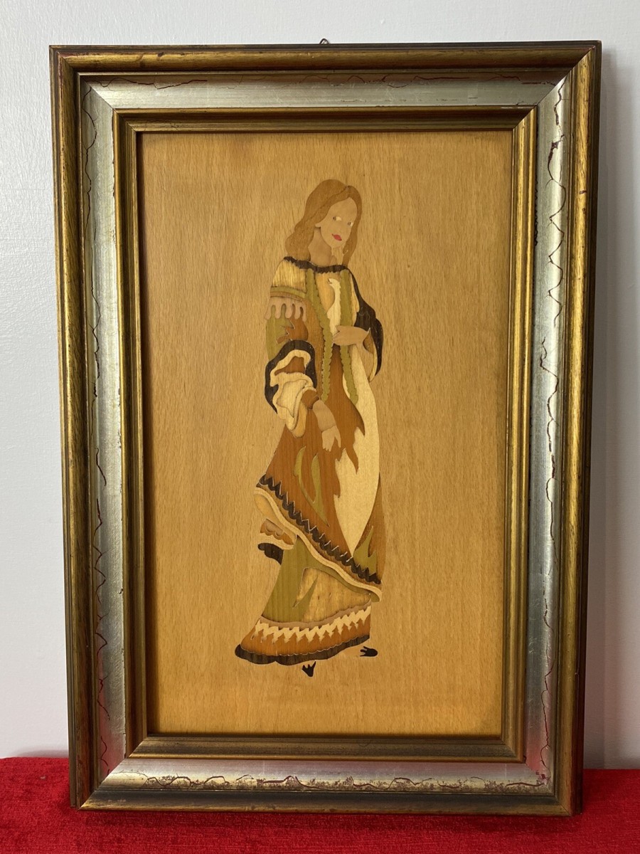 Pair Of Italian Early Medieval Noble Figures Marquetry Inlaid Plaques