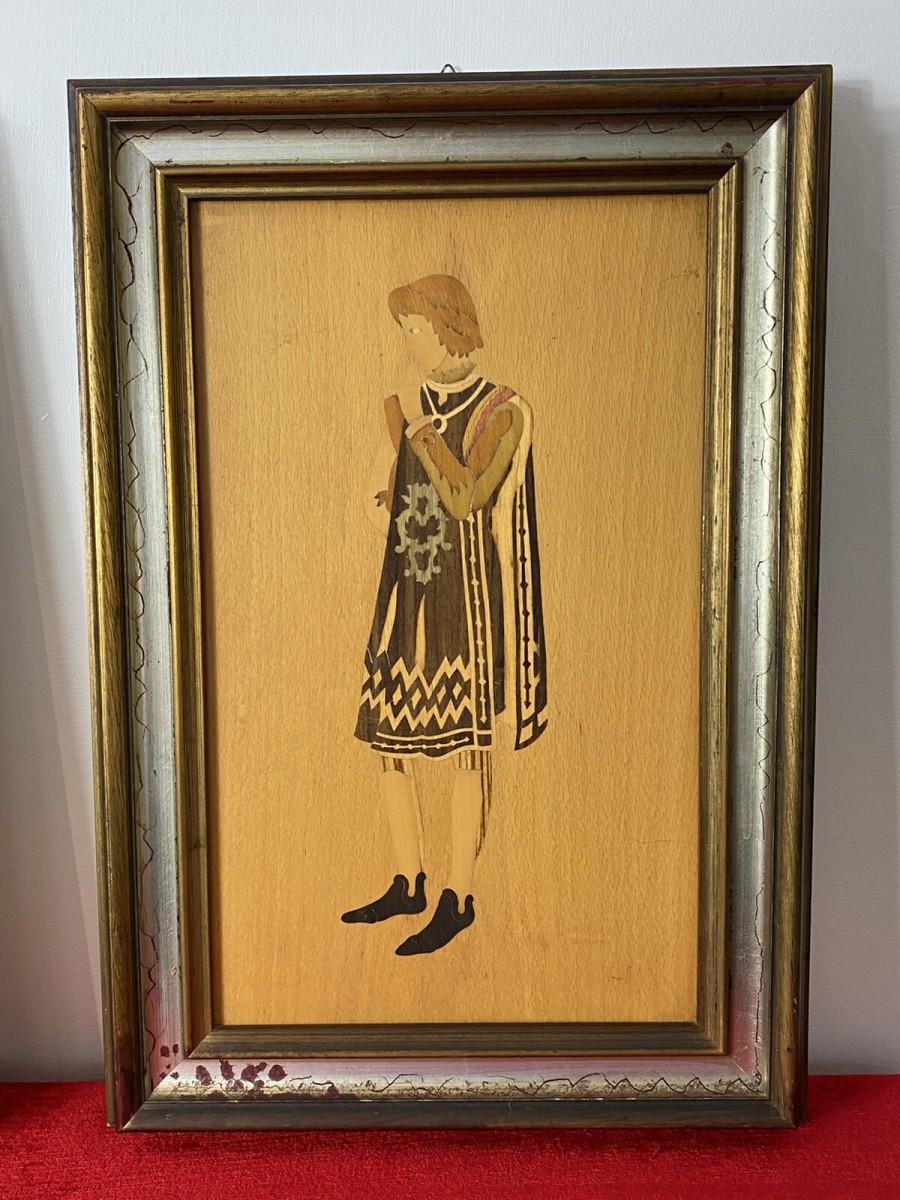Pair Of Italian Early Medieval Noble Figures Marquetry Inlaid Plaques