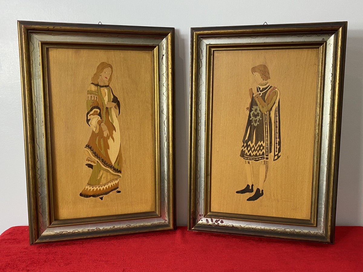 Pair Of Italian Early Medieval Noble Figures Marquetry Inlaid Plaques
