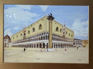 Historic Architectural Study Doges Palace Venice Watercolour Painting Signed Circa - 1890 Composition - Watercolour On Vellum Listing Description Fine Quality Victorian Architectural Study Watercolour Painting Of Doges Palace, Venice, Italy. The Doges Palace, Built In The 14th Century Now One Of Venice's Most Historical Landmarks Is A Distinctive Masterpiece Graced In Gothic Architecture. This Awe Inspiring Structure Were The Solid Mass of The Palace Is Suspended Upon A Double Arched Of Slender Istrian Marble Columns. Impressive Fine Detail With Great Perspective And View Of Surrounding Vatican City. Study Painted By The Artist Peggy Hamilton Whilst On Location In Venice Italy. Signed Monogram P H And Set In Giltwood Frame Dimensions In Inches Height 18.5" Width 23"