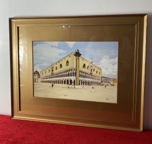 Historic Architectural Study Doges Palace Venice Watercolour Painting Signed Circa - 1890 Composition - Watercolour On Vellum Listing Description Fine Quality Victorian Architectural Study Watercolour Painting Of Doges Palace, Venice, Italy. The Doges Palace, Built In The 14th Century Now One Of Venice's Most Historical Landmarks Is A Distinctive Masterpiece Graced In Gothic Architecture. This Awe Inspiring Structure Were The Solid Mass of The Palace Is Suspended Upon A Double Arched Of Slender Istrian Marble Columns. Impressive Fine Detail With Great Perspective And View Of Surrounding Vatican City. Study Painted By The Artist Peggy Hamilton Whilst On Location In Venice Italy. Signed Monogram P H And Set In Giltwood Frame Dimensions In Inches Height 18.5" Width 23"