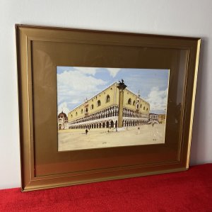 Historic Architectural Study Doges Palace Venice Watercolour Painting Signed Circa - 1890 Composition - Watercolour On Vellum Listing Description Fine Quality Victorian Architectural Study Watercolour Painting Of Doges Palace, Venice, Italy. The Doges Palace, Built In The 14th Century Now One Of Venice's Most Historical Landmarks Is A Distinctive Masterpiece Graced In Gothic Architecture. This Awe Inspiring Structure Were The Solid Mass of The Palace Is Suspended Upon A Double Arched Of Slender Istrian Marble Columns. Impressive Fine Detail With Great Perspective And View Of Surrounding Vatican City. Study Painted By The Artist Peggy Hamilton Whilst On Location In Venice Italy. Signed Monogram P H And Set In Giltwood Frame Dimensions In Inches Height 18.5" Width 23"