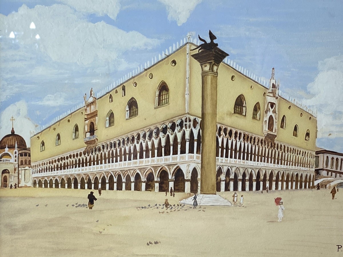 Historic Architectural Study Doges Palace Venice Watercolour Painting Signed