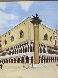 Historic Architectural Study Doges Palace Venice Watercolour Painting Signed Circa - 1890 Composition - Watercolour On Vellum Listing Description Fine Quality Victorian Architectural Study Watercolour Painting Of Doges Palace, Venice, Italy. The Doges Palace, Built In The 14th Century Now One Of Venice's Most Historical Landmarks Is A Distinctive Masterpiece Graced In Gothic Architecture. This Awe Inspiring Structure Were The Solid Mass of The Palace Is Suspended Upon A Double Arched Of Slender Istrian Marble Columns. Impressive Fine Detail With Great Perspective And View Of Surrounding Vatican City. Study Painted By The Artist Peggy Hamilton Whilst On Location In Venice Italy. Signed Monogram P H And Set In Giltwood Frame Dimensions In Inches Height 18.5" Width 23"