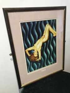Contemporary Signed Proof 1/200 Titled Wavy Navy Nude Portrait By Malcolm Morris Title - Wavy Navy Artist - Malcolm Morris Signed Lithograph Of Original Contemporary Watercolour Nude Painting By Artist Malcolm Morris Proof Number 1 Of 200 By Renowned Welsh Artist Contemporary Unusual Wavy Background In Vivid Blue Hues With Posed Nude Muse With Fine Detail Very Well Executed Nude Lithograph Portrait Set In Glazed Wooden Frame Dimensions In Inches Height 24” Width 18.5”