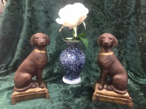 Pair Of Heavy Quality Vintage Labradors On Gilt Tassled Cushion Plinths Fine Detailed Pair Of Sitting Labrador Dogs In Rich Brown Coloration With Gilt Gold Collar And Tasseled Cushion Base Stunning Pair Of Dogs For Decorative Display Heavy Quality Dimensions In Inches Height 8” Width 4” Depth 3”