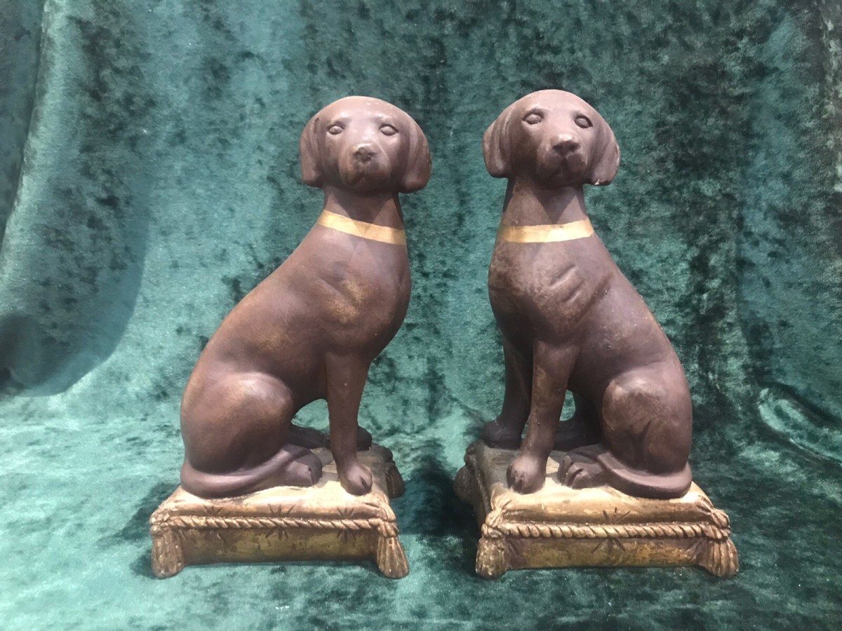 Pair Of Heavy Quality Vintage Labradors On Gilt Tassled Cushion Plinths