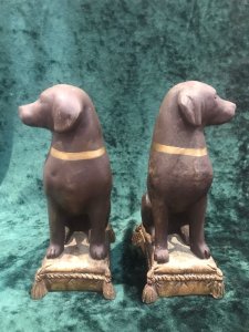 Pair Of Heavy Quality Vintage Labradors On Gilt Tassled Cushion Plinths Fine Detailed Pair Of Sitting Labrador Dogs In Rich Brown Coloration With Gilt Gold Collar And Tasseled Cushion Base Stunning Pair Of Dogs For Decorative Display Heavy Quality Dimensions In Inches Height 8” Width 4” Depth 3”