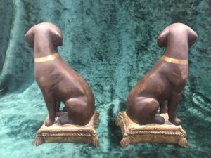 Pair Of Heavy Quality Vintage Labradors On Gilt Tassled Cushion Plinths Fine Detailed Pair Of Sitting Labrador Dogs In Rich Brown Coloration With Gilt Gold Collar And Tasseled Cushion Base Stunning Pair Of Dogs For Decorative Display Heavy Quality Dimensions In Inches Height 8” Width 4” Depth 3”