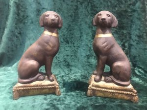 Pair Of Heavy Quality Vintage Labradors On Gilt Tassled Cushion Plinths Fine Detailed Pair Of Sitting Labrador Dogs In Rich Brown Coloration With Gilt Gold Collar And Tasseled Cushion Base Stunning Pair Of Dogs For Decorative Display Heavy Quality Dimensions In Inches Height 8” Width 4” Depth 3”