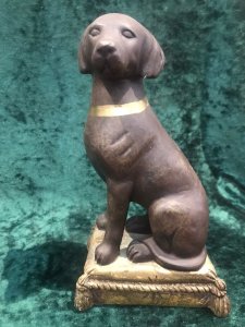 Pair Of Heavy Quality Vintage Labradors On Gilt Tassled Cushion Plinths Fine Detailed Pair Of Sitting Labrador Dogs In Rich Brown Coloration With Gilt Gold Collar And Tasseled Cushion Base Stunning Pair Of Dogs For Decorative Display Heavy Quality Dimensions In Inches Height 8” Width 4” Depth 3”