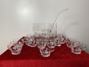 Exquisite Floral French Chantilly Cut Glass Punch Bowl Set. Composition- Crystal Glass Large Glass Punch Bowl Decorated With Beautiful Floral Vine With Large Glass Ladle To Serve Beverages. Complete With Hand Etched Cups With Shaped Handles In Two Different Variation Of Shapes And Floral Etchings. Exceptionally Fine Quality And Delicate Set Total 18pcs Stunning Set For Garden Party Or Soirèe Dimensions In Inches Punch Bowl Height Width Cup Height Width