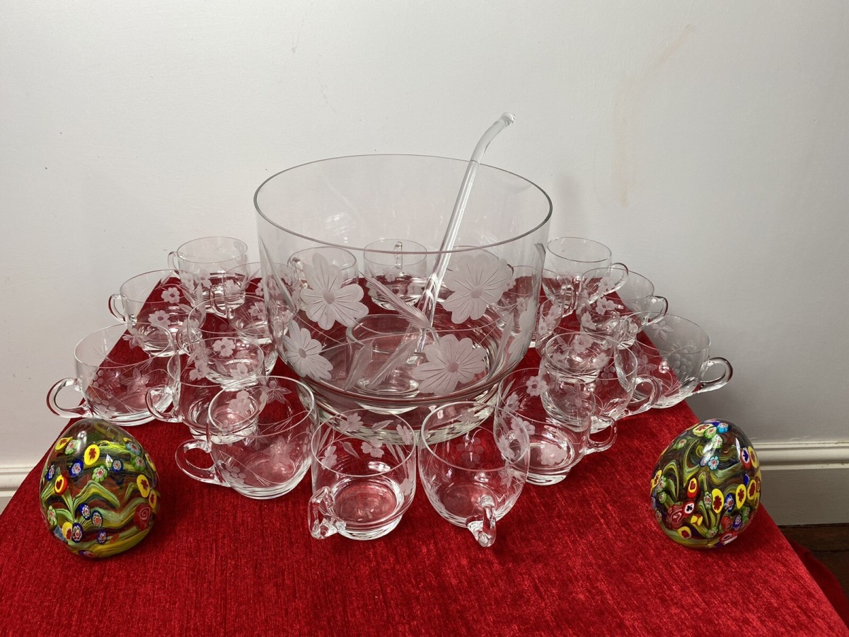 Exquisite Floral French Chantilly Cut Glass Punch Bowl Set