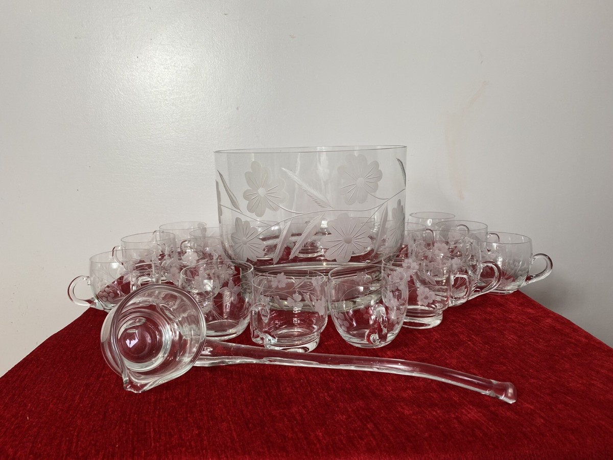Exquisite Floral French Chantilly Cut Glass Punch Bowl Set