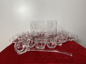 Exquisite Floral French Chantilly Cut Glass Punch Bowl Set. Composition- Crystal Glass Large Glass Punch Bowl Decorated With Beautiful Floral Vine With Large Glass Ladle To Serve Beverages. Complete With Hand Etched Cups With Shaped Handles In Two Different Variation Of Shapes And Floral Etchings. Exceptionally Fine Quality And Delicate Set Total 18pcs Stunning Set For Garden Party Or Soirèe Dimensions In Inches Punch Bowl Height Width Cup Height Width