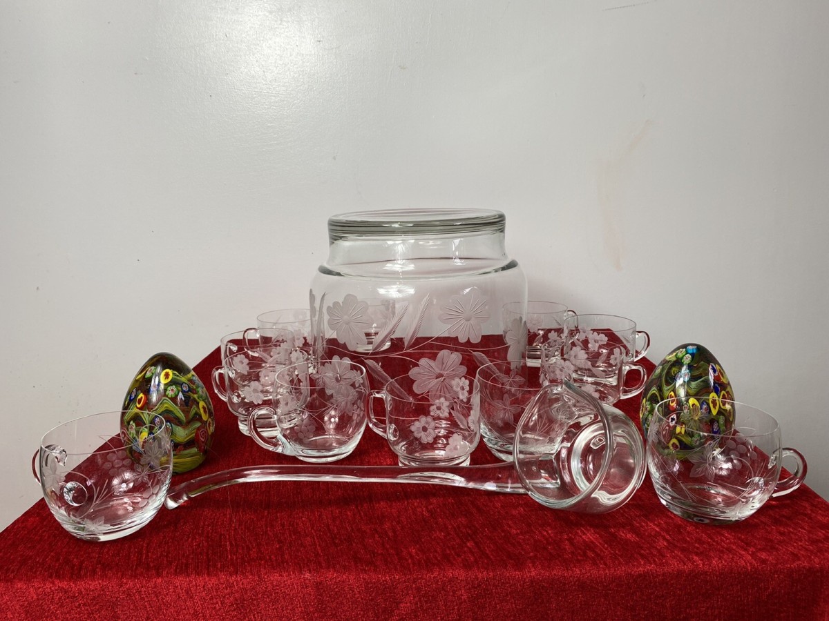 Exquisite Floral French Chantilly Cut Glass Punch Bowl Set