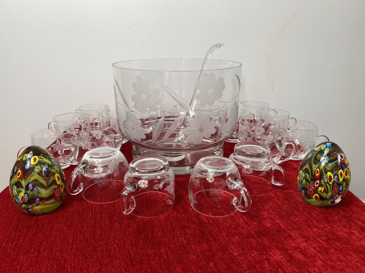 Exquisite Floral French Chantilly Cut Glass Punch Bowl Set