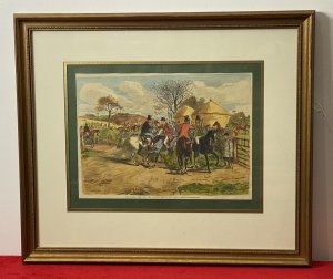 First Day Of The Season Titled Characterised Etching By British Illustrator John Leech. Medium - Hand Coloured Printed Etching On Paper Artist - John Leech Condition - Mint Wonderful Etching Of A Hand Drawn Artwork Title ‘The First Day Of The Season’ By Renowned Charaturist Illustrator John Leech. The Etching Depicts The Hunt Master Shaking Hands With The Lord Of The Manor Both On Horse Back. Stunning Details Of Huntsmen, Horses And Hounds In British Country Scene. Fine Detail And Very Well Executed. Set In Glazed Gilt Frame. This Artwork Was Exhibited At The Colemore Galleries, Henley & Arden, Warwickshire. Stamp Shown On Reverse. Brief Artist History John Leech Born August 29th 1817 - 29th October 1864 Leech Developed A Talent For Etching And Sketching In 1835 His Preferred Medium Was Lithography. Best Known For His Illustrated Hunting And Sporting Artworks In Punch Magazine 1841 A Humorous Magazine For The Middle Class Audience. John Leech’s Artworks Are Exhibited In The Tate London As Well As Other Notorious Galleries. Dimensions In Inches Frame Height 20 1/4” Frame Width 23.5” Artwork Height 10” Artwork Width 14”
