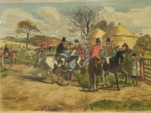 First Day Of The Season Titled Characterised Etching By British Illustrator John Leech. Medium - Hand Coloured Printed Etching On Paper Artist - John Leech Condition - Mint Wonderful Etching Of A Hand Drawn Artwork Title ‘The First Day Of The Season’ By Renowned Charaturist Illustrator John Leech. The Etching Depicts The Hunt Master Shaking Hands With The Lord Of The Manor Both On Horse Back. Stunning Details Of Huntsmen, Horses And Hounds In British Country Scene. Fine Detail And Very Well Executed. Set In Glazed Gilt Frame. This Artwork Was Exhibited At The Colemore Galleries, Henley & Arden, Warwickshire. Stamp Shown On Reverse. Brief Artist History John Leech Born August 29th 1817 - 29th October 1864 Leech Developed A Talent For Etching And Sketching In 1835 His Preferred Medium Was Lithography. Best Known For His Illustrated Hunting And Sporting Artworks In Punch Magazine 1841 A Humorous Magazine For The Middle Class Audience. John Leech’s Artworks Are Exhibited In The Tate London As Well As Other Notorious Galleries. Dimensions In Inches Frame Height 20 1/4” Frame Width 23.5” Artwork Height 10” Artwork Width 14”