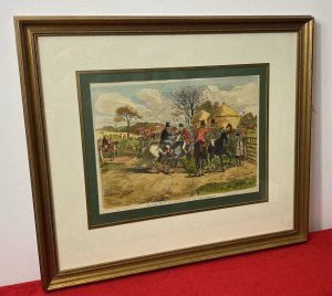First Day Of The Season Titled Characterised Etching By British Illustrator John Leech. Medium - Hand Coloured Printed Etching On Paper Artist - John Leech Condition - Mint Wonderful Etching Of A Hand Drawn Artwork Title ‘The First Day Of The Season’ By Renowned Charaturist Illustrator John Leech. The Etching Depicts The Hunt Master Shaking Hands With The Lord Of The Manor Both On Horse Back. Stunning Details Of Huntsmen, Horses And Hounds In British Country Scene. Fine Detail And Very Well Executed. Set In Glazed Gilt Frame. This Artwork Was Exhibited At The Colemore Galleries, Henley & Arden, Warwickshire. Stamp Shown On Reverse. Brief Artist History John Leech Born August 29th 1817 - 29th October 1864 Leech Developed A Talent For Etching And Sketching In 1835 His Preferred Medium Was Lithography. Best Known For His Illustrated Hunting And Sporting Artworks In Punch Magazine 1841 A Humorous Magazine For The Middle Class Audience. John Leech’s Artworks Are Exhibited In The Tate London As Well As Other Notorious Galleries. Dimensions In Inches Frame Height 20 1/4” Frame Width 23.5” Artwork Height 10” Artwork Width 14”