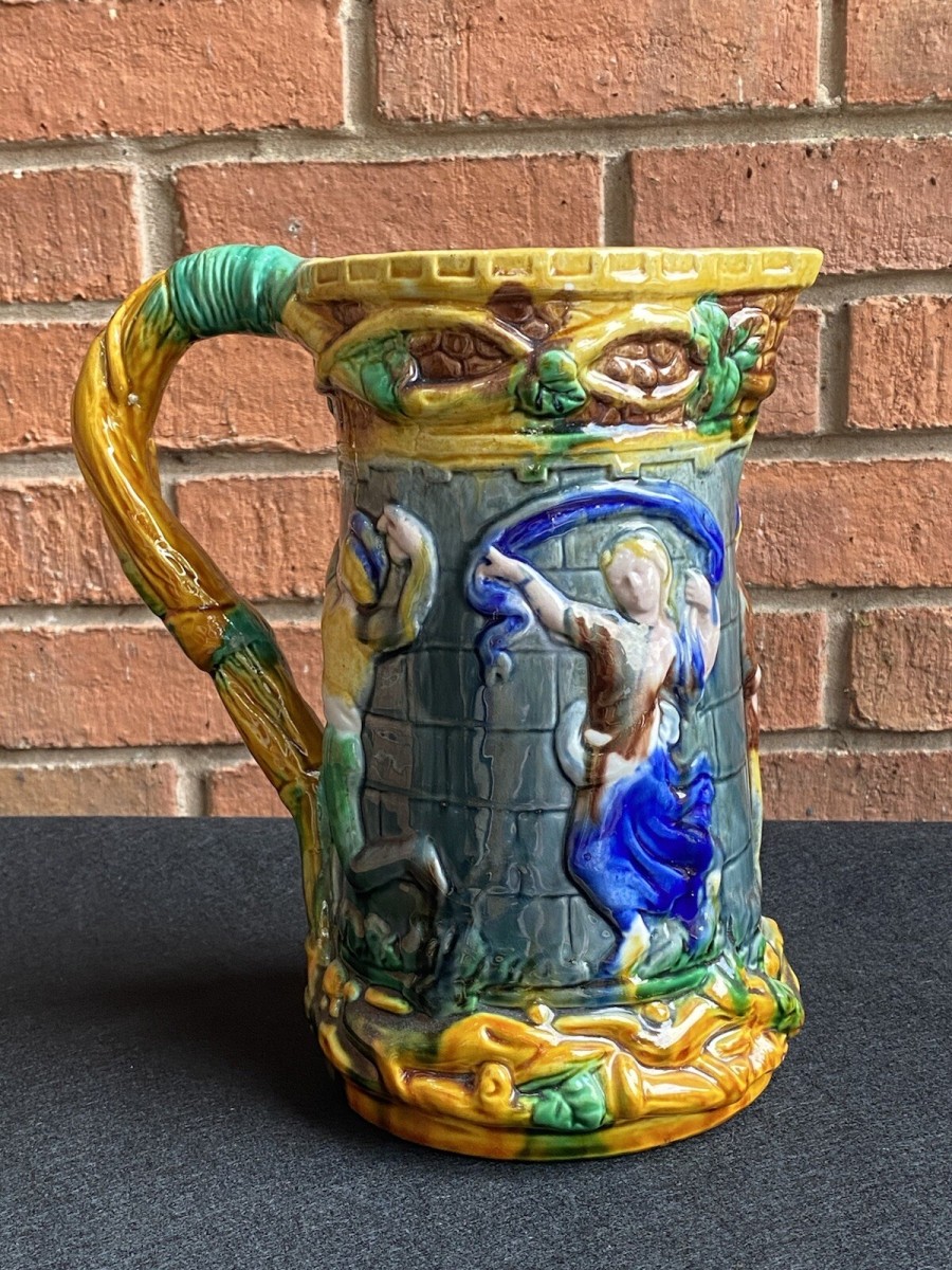 Primary image for Large Minton Majolica Style Pitcher Jug With Dancing Maide & Jesters Decoration