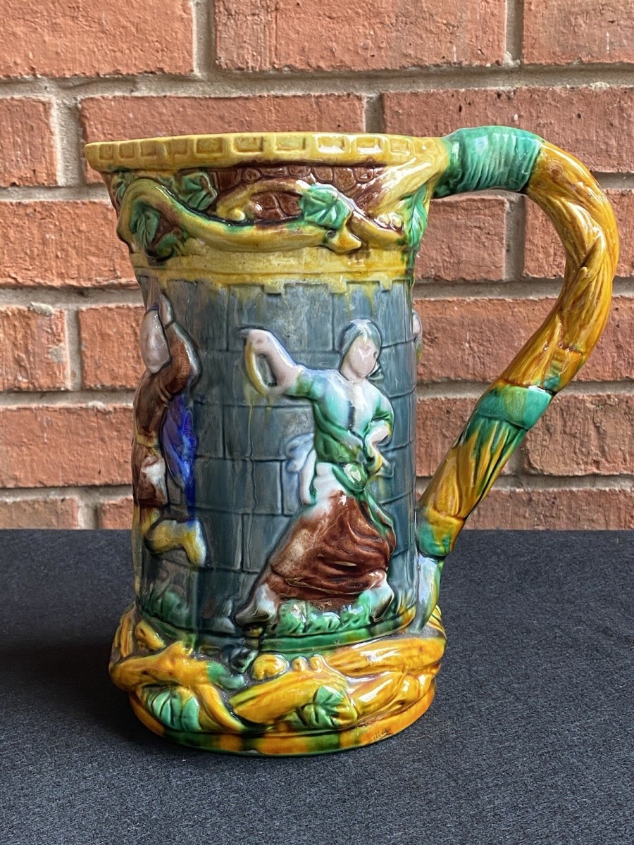 Large Minton Majolica Style Pitcher Jug With Dancing Maide & Jesters Decoration