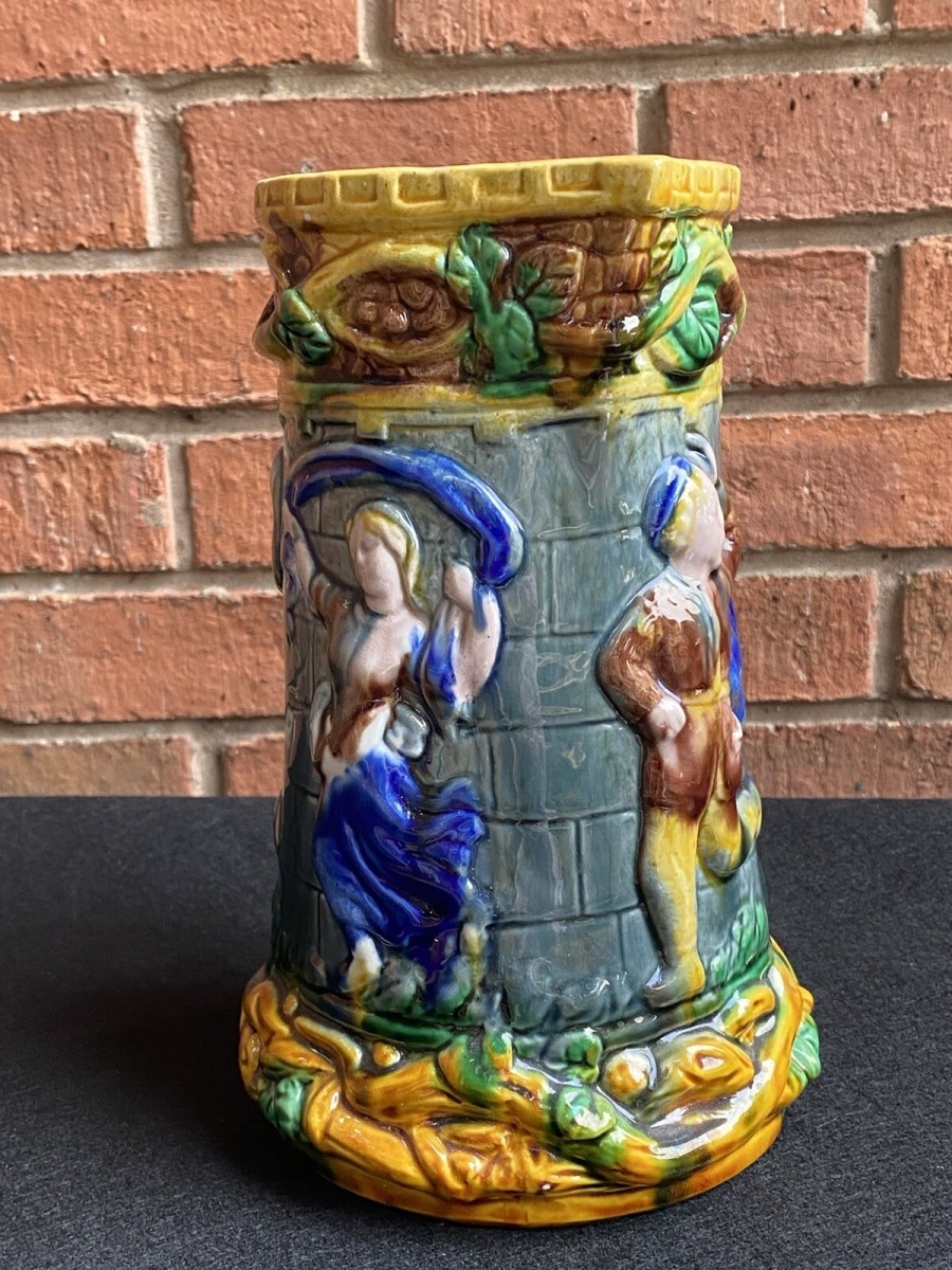 Large Minton Majolica Style Pitcher Jug With Dancing Maide & Jesters Decoration
