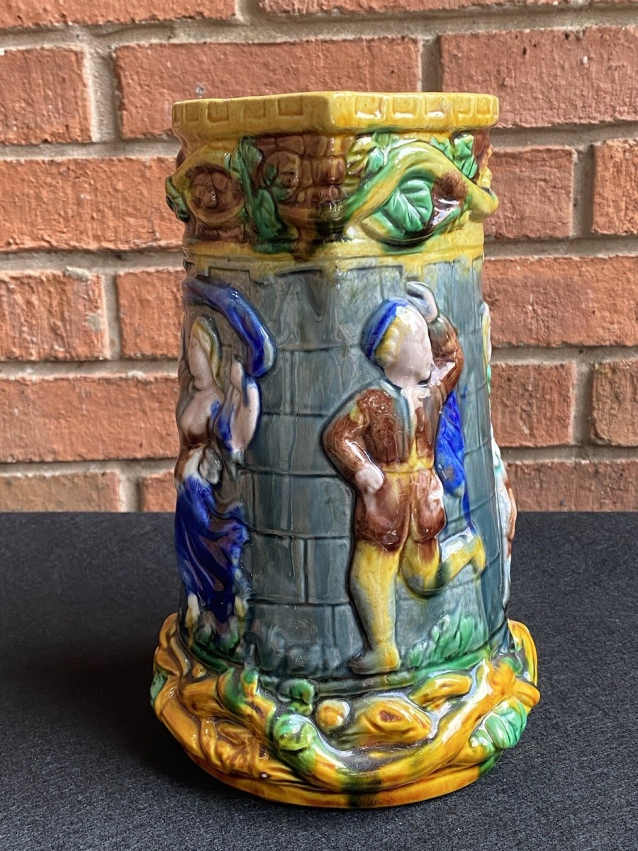 Large Minton Majolica Style Pitcher Jug With Dancing Maide & Jesters Decoration