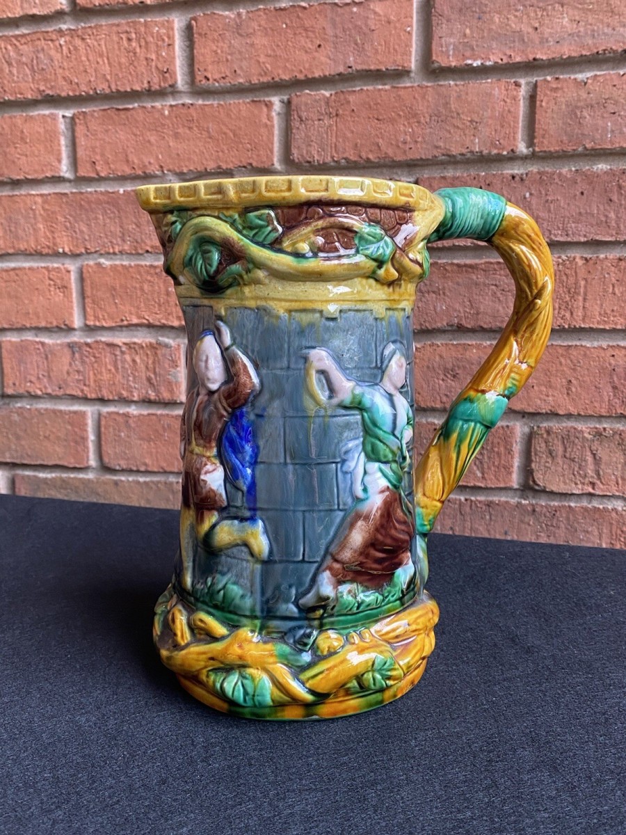 Large Minton Majolica Style Pitcher Jug With Dancing Maide & Jesters Decoration