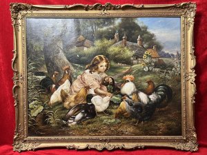 19th Century Masterpiece Oil Painting Of Victorian Girl Feeding Chickens In Landscape Signed Circa - 1890 Composition - Oil On Canvas Listing Description Wonderful Original English School Oil Artwork Depicting A Young Girl Kneeling Down Next To A Flowing Stream, To Feed A Flock Of Hens Of Various Breeds, Pair Of Cockerels And Singular Mallard With Lettuce From Her Wicker Carry Basket. Accomplished Artist T Williams Captures The Intricate Features Of The Young Lady With Auburn Hair Of Ringlets, Pale Face With Rosey Cheeks And Piercing Blue Eyes, In Victorian Blush Pink Silk Dress With Lace Around The Neckline. Charming Subject With British Birds In Vivid Colours Including Pair Of Colourful Brahma Cockerels, Three Wyandotte (White) And Four Rhode Island (Brown) Hens, One Of The Hens Cheekily Leans Into The Basket Casually Pecking At The Food Inside. The Wild Mallard From The Stream Stands Proud In Anticipation For Food. Idyllic Landscape In Fine Detail With Tudor Thatch Cottages In The Distance Along Rustic Path, Dancing Butterflies & Vibrant Country Boarders With Delicately Painted Sunflowers, Foxgloves And Native Grasses. A Large Oak Tree With Vines Of Ivy Entwined Around Its Trunk. A Truly Wonderful Artwork Signed By 19th Century Artist J S Williams & Set Inside Original Ornate Gilt Wood Frame. Collectors Item For Impressive Wall Hanging Display. Dimensions in Inches Height 33" Width 45'