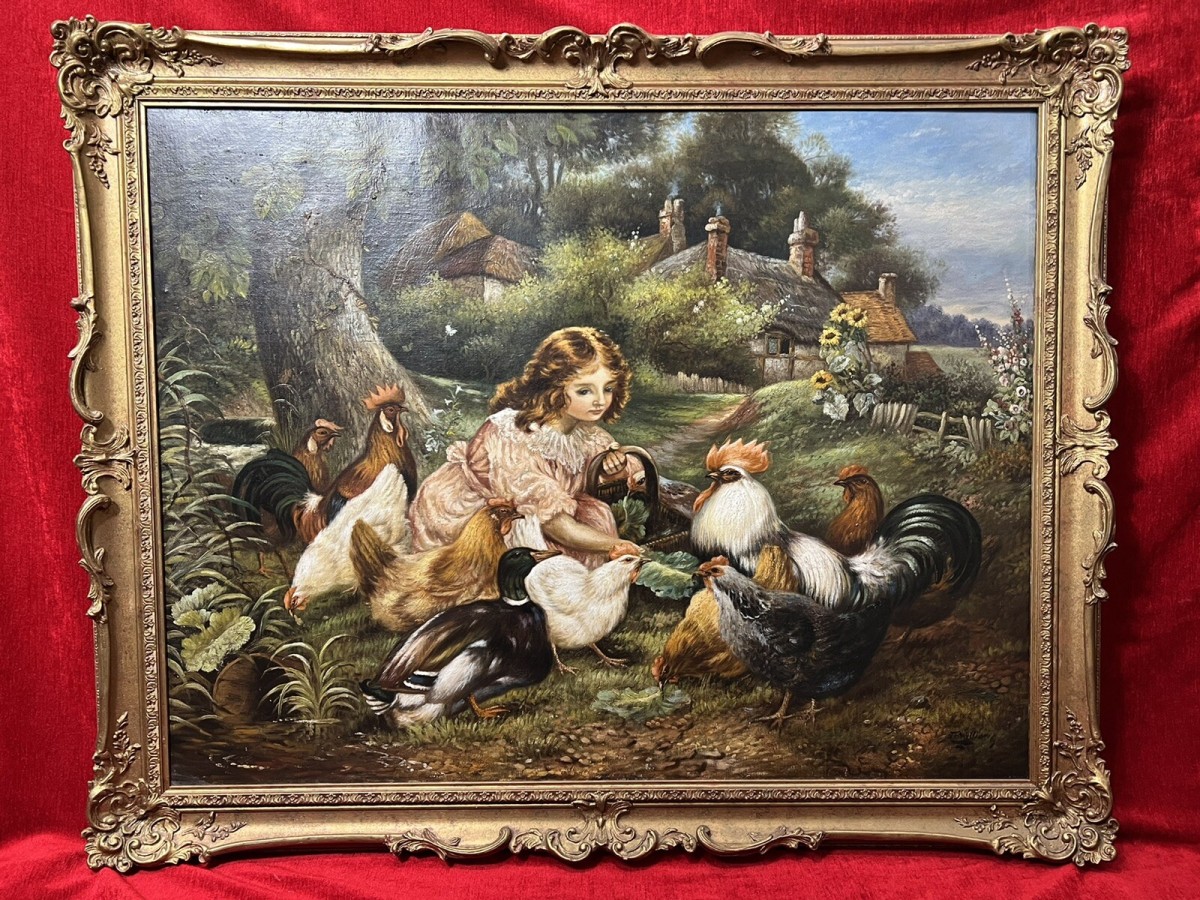 19th Century Oil Painting Of Victorian Girl Feeding Chickens In Landscape Signed
