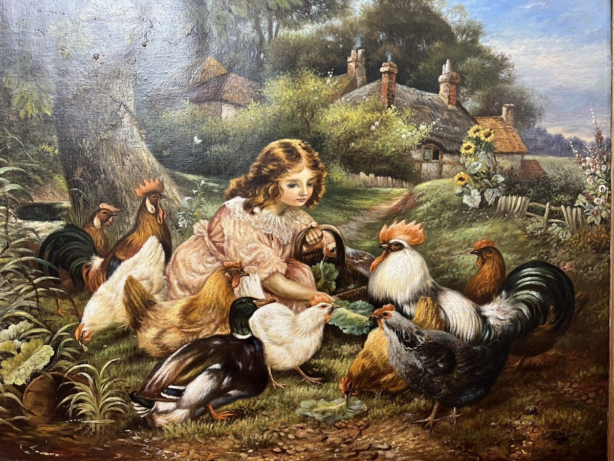 19th Century Oil Painting Of Victorian Girl Feeding Chickens In Landscape Signed