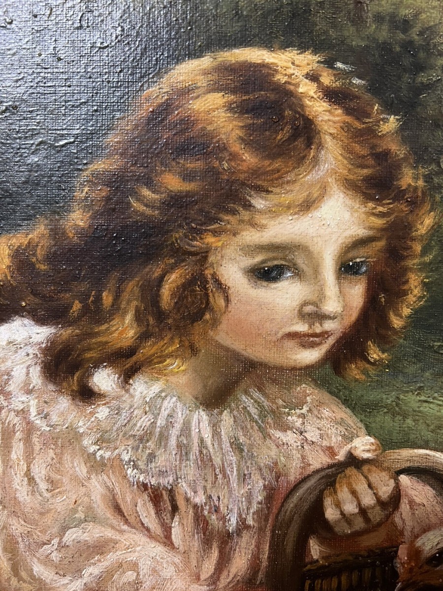 19th Century Oil Painting Of Victorian Girl Feeding Chickens In Landscape Signed