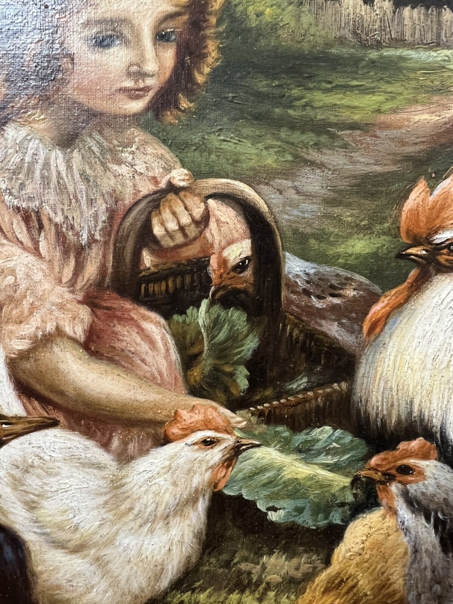 19th Century Oil Painting Of Victorian Girl Feeding Chickens In Landscape Signed