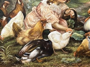 19th Century Masterpiece Oil Painting Of Victorian Girl Feeding Chickens In Landscape Signed Circa - 1890 Composition - Oil On Canvas Listing Description Wonderful Original English School Oil Artwork Depicting A Young Girl Kneeling Down Next To A Flowing Stream, To Feed A Flock Of Hens Of Various Breeds, Pair Of Cockerels And Singular Mallard With Lettuce From Her Wicker Carry Basket. Accomplished Artist T Williams Captures The Intricate Features Of The Young Lady With Auburn Hair Of Ringlets, Pale Face With Rosey Cheeks And Piercing Blue Eyes, In Victorian Blush Pink Silk Dress With Lace Around The Neckline. Charming Subject With British Birds In Vivid Colours Including Pair Of Colourful Brahma Cockerels, Three Wyandotte (White) And Four Rhode Island (Brown) Hens, One Of The Hens Cheekily Leans Into The Basket Casually Pecking At The Food Inside. The Wild Mallard From The Stream Stands Proud In Anticipation For Food. Idyllic Landscape In Fine Detail With Tudor Thatch Cottages In The Distance Along Rustic Path, Dancing Butterflies & Vibrant Country Boarders With Delicately Painted Sunflowers, Foxgloves And Native Grasses. A Large Oak Tree With Vines Of Ivy Entwined Around Its Trunk. A Truly Wonderful Artwork Signed By 19th Century Artist J S Williams & Set Inside Original Ornate Gilt Wood Frame. Collectors Item For Impressive Wall Hanging Display. Dimensions in Inches Height 33" Width 45'