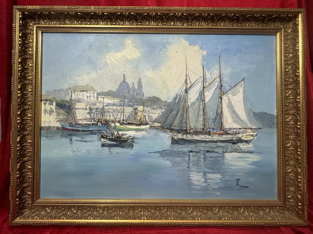 20th Century Dutch School Sailing Boats In Fishing Harbour Signed B Laarhoven