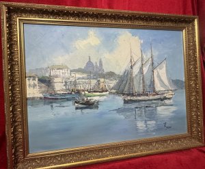 Dutch School Impressionist Sailing Boats With Fishing Harbour/Village In View Signed B Laarhoven Circa - 1960 Composition - Oil On Canvas Artwork Title 'Sailing Boats At Small Fishing Harbour' Artist - B Laarhoven B1912 Listing Description Original Mid Century Impressionist Artwork From Listed Dutch Artist Bernard Laarhoven. Finely Painted Vibrant Artwork Depicts Numerous Large Sailing Boats With Masts & Rigging, Souls Visible On Board. Wonderful Backdrop Of Small Fishing Harbour With Great Architectural Merit. Artwork Signed By Artist B Laarhoven. Dimensions In Cms Height 62cm X Width 82cm For Further Information Please Call Our Museum Curator On 07707 488566 Thank-you.