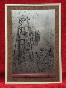 Historical National Heritage East Pool Mine, Cornwall. Metal Etched Wall Plaque Scene Dated 1870 Composition - Tin Etching Listing Description Industrial Mining Scene Etched Into Metal Wall Plaque Depicting The East Pool Mine In Cornwall,England. The East Pool Mine Was A Major Producer Of Tin And Copper During The Industrial Revolution. The Scene Highlights The Industrial Machinery 'The Cornish Beam Engine' Which Pumped Water From The Mines, With Many Miners Working In Busy Scene. Dimensions In Cms Height 42cm X Width 29.5cm