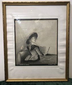 20th Century Artwork De La Barrone De Crussol Pencil And Charcoal Drawing Signed By Artist Elizabeth E Cooke and Dated 1978 Original Artwork In The Musee De Augustins Toulouse Original Artwork Dated 1785 Painted By Elizabeth Louise Vigèe Le Brun ( Famous Painter Of The Period Whom Also Painted Marie Antoinette) Pencil And Charcoal Half Portrait Drawing Of The Barrone De Crussol Florensac Whom Turns To Gaze The Viewer Over Her Shoulder. She Holds A Musical Score And Wears A Splendid Red Costume With Deep Black Velvet Collar And Matching Hat (Original In Colour) Little Is Known Of This Woman Of Great Beauty, Elegance And Distinction. Stunning Pencil And Charcoal Drawing Signed By Artist E A Cooke Set In Glazed Gilt Frame Dimensions In Inches Height 21 1/4” Width 17 1/4” Depth 1/2”