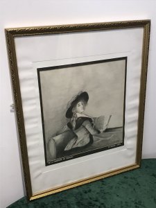 20th Century Artwork De La Barrone De Crussol Pencil And Charcoal Drawing Signed By Artist Elizabeth E Cooke and Dated 1978 Original Artwork In The Musee De Augustins Toulouse Original Artwork Dated 1785 Painted By Elizabeth Louise Vigèe Le Brun ( Famous Painter Of The Period Whom Also Painted Marie Antoinette) Pencil And Charcoal Half Portrait Drawing Of The Barrone De Crussol Florensac Whom Turns To Gaze The Viewer Over Her Shoulder. She Holds A Musical Score And Wears A Splendid Red Costume With Deep Black Velvet Collar And Matching Hat (Original In Colour) Little Is Known Of This Woman Of Great Beauty, Elegance And Distinction. Stunning Pencil And Charcoal Drawing Signed By Artist E A Cooke Set In Glazed Gilt Frame Dimensions In Inches Height 21 1/4” Width 17 1/4” Depth 1/2”