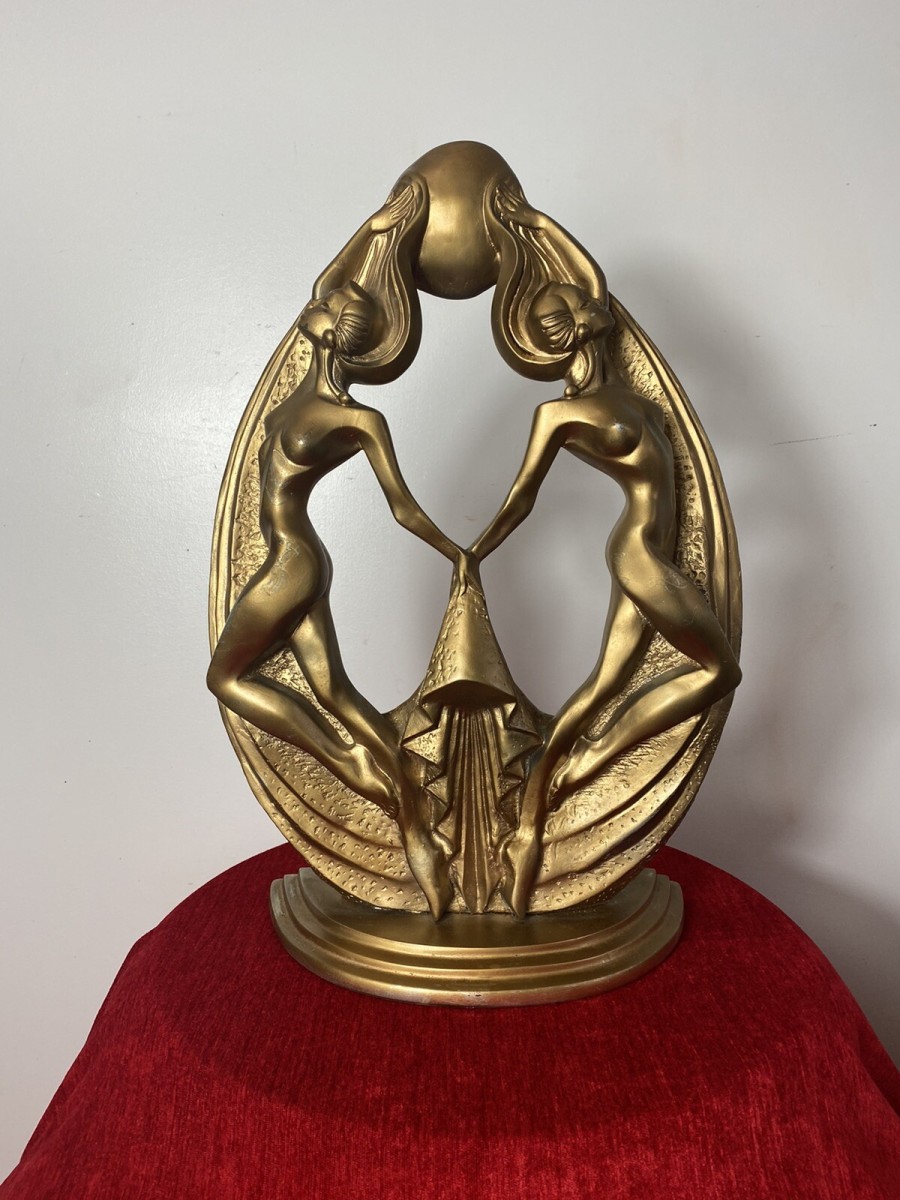 Rare French Empire 1930’s Art Deco Gilt Mascot Sculpture Of Two Nymphs