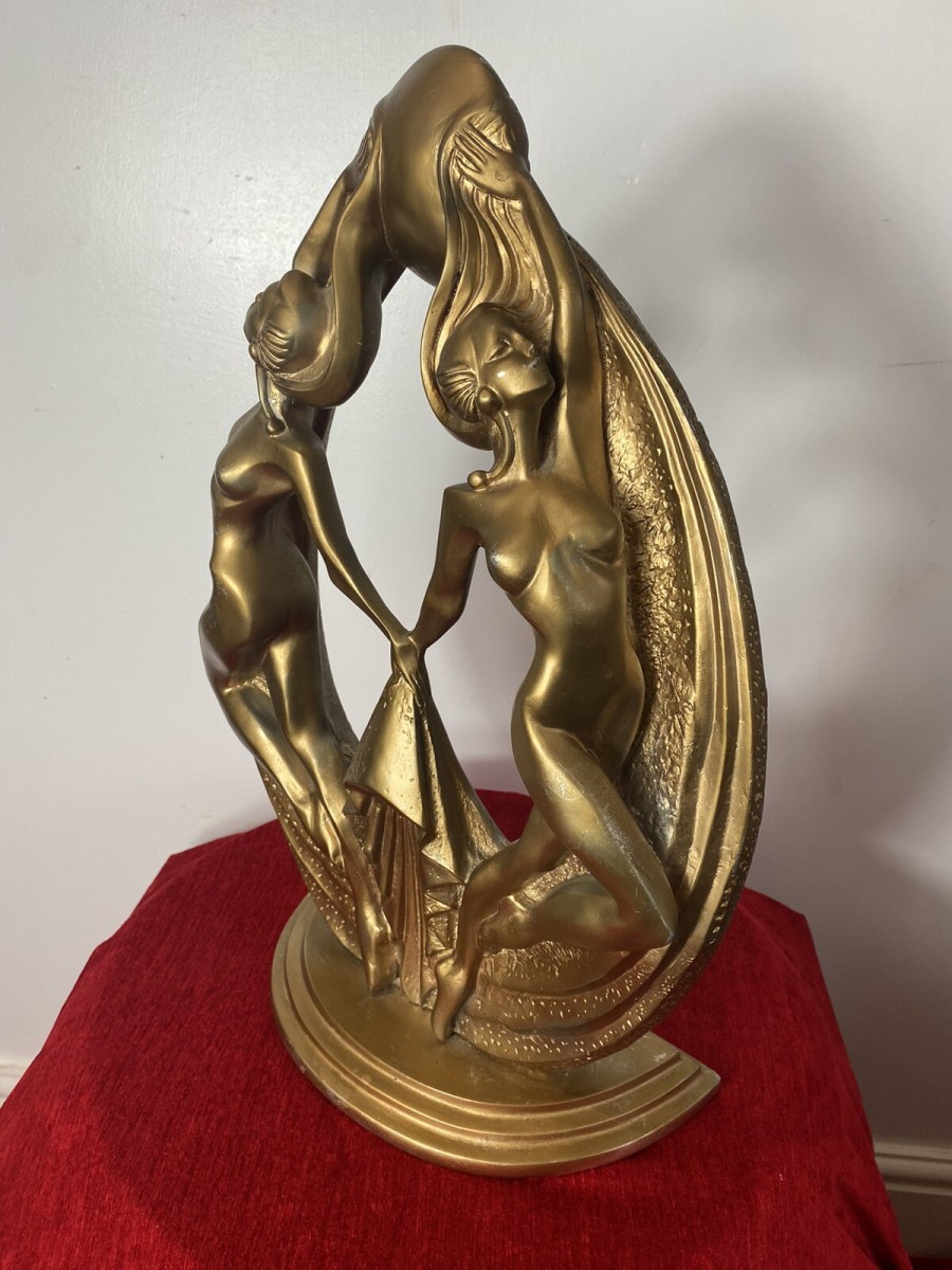 Rare French Empire 1930’s Art Deco Gilt Mascot Sculpture Of Two Nymphs