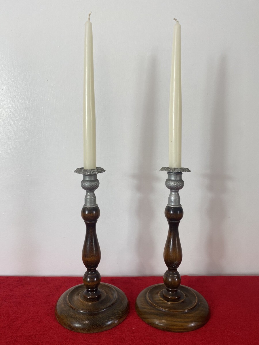 Pair Of Art Deco Mahogany And Pewter Candle Sticks